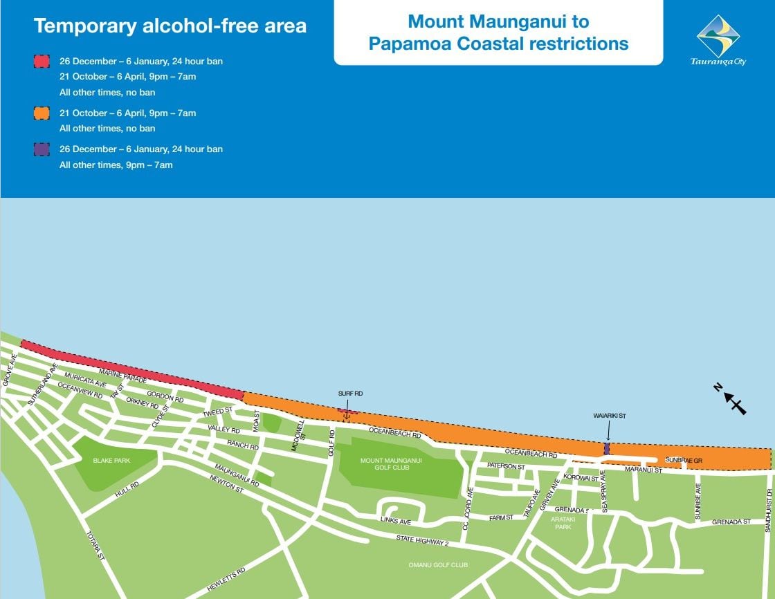 The Mount Maunganui to Pāpāmoa coastal alcohol restrictions. Image / Tauranga City Council