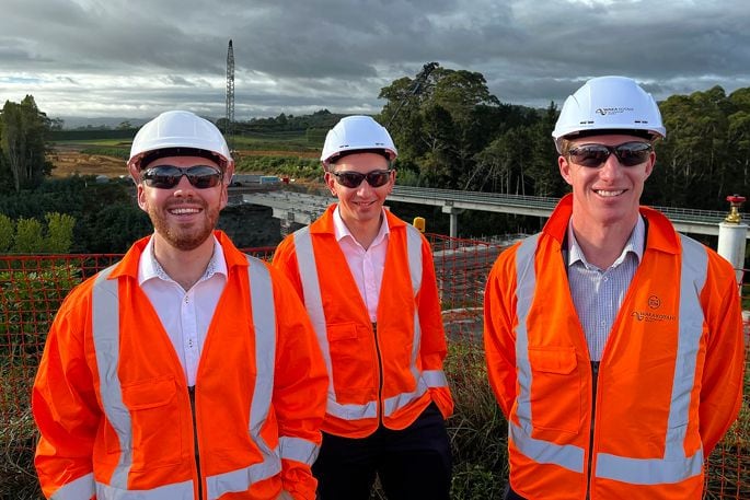 Bay of Plenty MP Tom Rutherford, left, Transport Minister Simeon Brown and Tauranga MP Sam Uffindell.