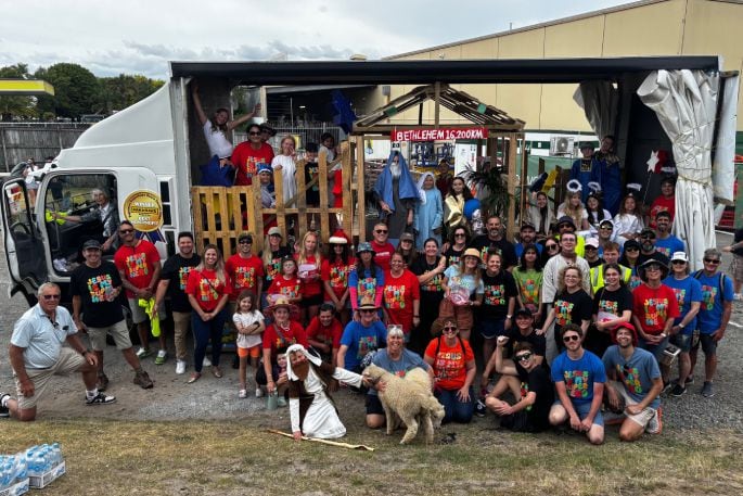 Current Church had real sheep in its nativity-themed float at the 2024 Pak'nSave Pāpāmoa Superhero Santa Parade. Photo / Supplied