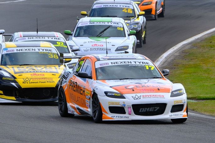 Aucklander Sam Dashfield leads the pack during the action at Round 2 of the Nexen Tyre NZ Mazda Racing North Island Series at Taupō International Motorsport Park this weekend. Dashfield finished second overall for the round. Photo: Geoff Ridder