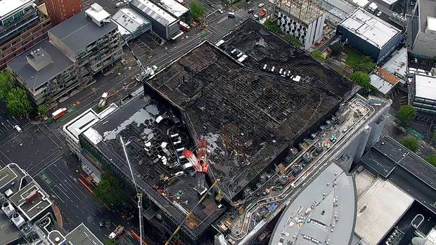 The New Zealand International Convention Centre, three days after its roof caught fire. Photo / Niwa