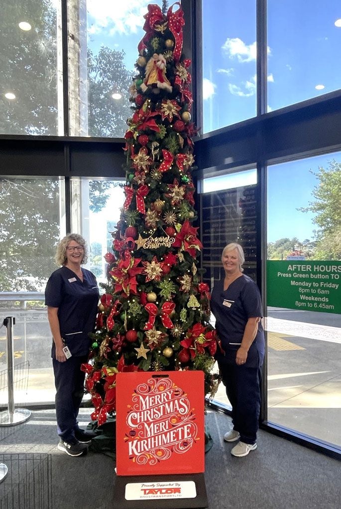 Nurses Chris Southerland and Raewyn Potaka stand by the newly donated Christmas tree at Tauranga Hospital. Photo / Supplied