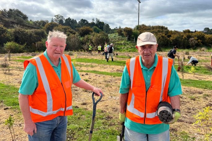 Alan Paterson and Ron Collicott from Tauranga Moana Lions Club helping with the planting of 4500 plants in Kōpūrererua Valley on September 29. Photo: Supplied.