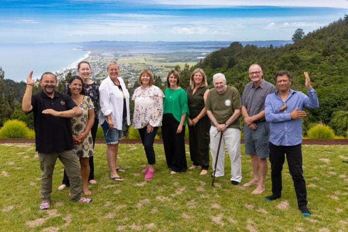 The Living Well Waihī Beach Steering Committee (left to right) Reon Tuanau, Rachael Coll, Mel Gearon, Pippa Coombes, Anne Henry, Jodie Ricard, Cindy Clare, Ross Goudie, Doug Longdill and Garston Smith. Photo: Stuart Attwood.