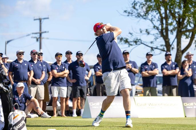 Rowing legend Eric Murray tees off in the celebrity long-drive competition at The Fox on Saturday. Photo / Jamie Troughton/Dscribe Media