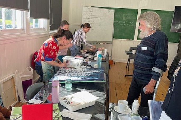 The finalists of The Weekend Sun Emerging Artist Award at one of the two workshops run by artist Rob McGregor. Photo/Supplied.