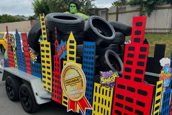 Mount Tyres won the Best Commercial Float in the 2024 Pak'nSave Pāpāmoa Superhero Santa Parade. Photo / Supplied