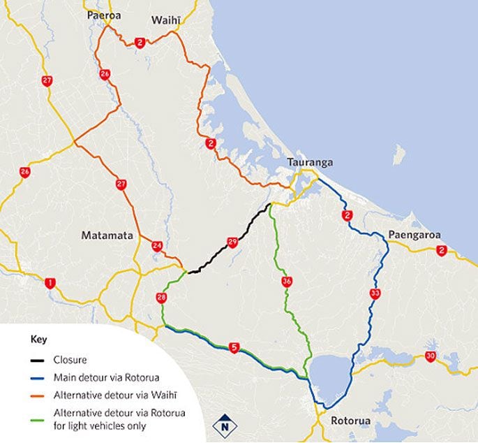 A map showing the detours during the Kaimai Range closure. Supplied photo.