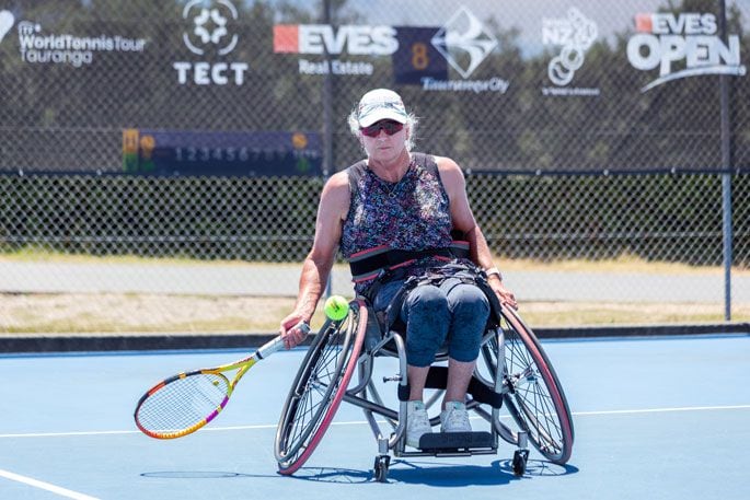 Former NZ Paralympian Tiffiney Perry in action during the NZ Wheelchair Tennis Championships, held as part of the event. Photo / Tennis New Zealand