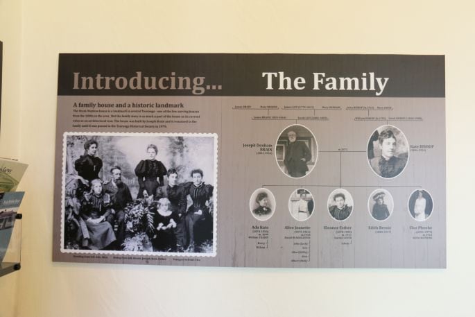 Part of the family history display wall at Brain Watkins House. Photo / Rosalie Liddle Crawford.