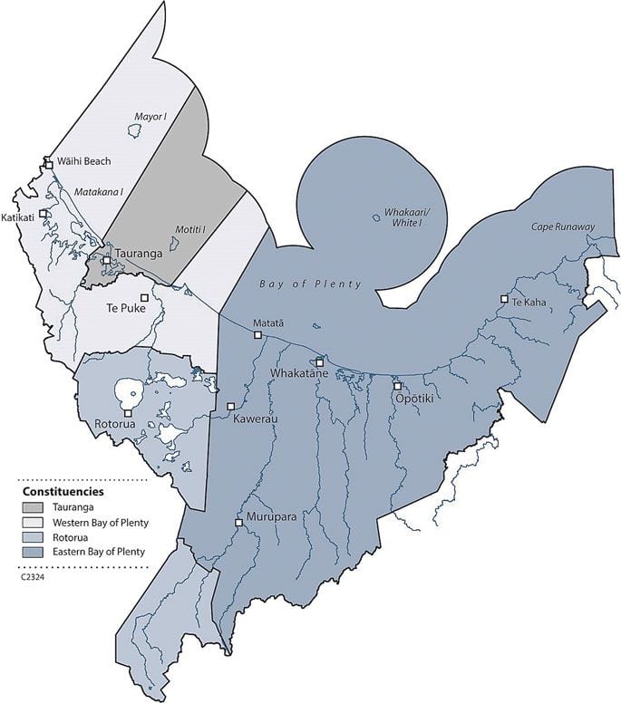 Constituency maps show that Eastern Bay makes up 62 percent of the Bay of Plenty Regional Council area. Maps courtesy of Bay of Plenty Regional Council.