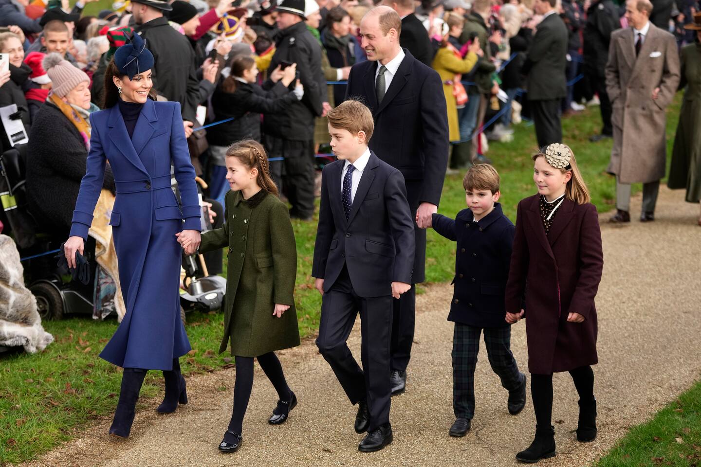 The Princess of Wales, Princess Charlotte, Prince George, the Prince of Wales, Prince Louis and Mia Tindall arrive to attend the Christmas Day service at St Mary Magdalene Church in Sandringham in Norfolk, England, last year. Photo / AP