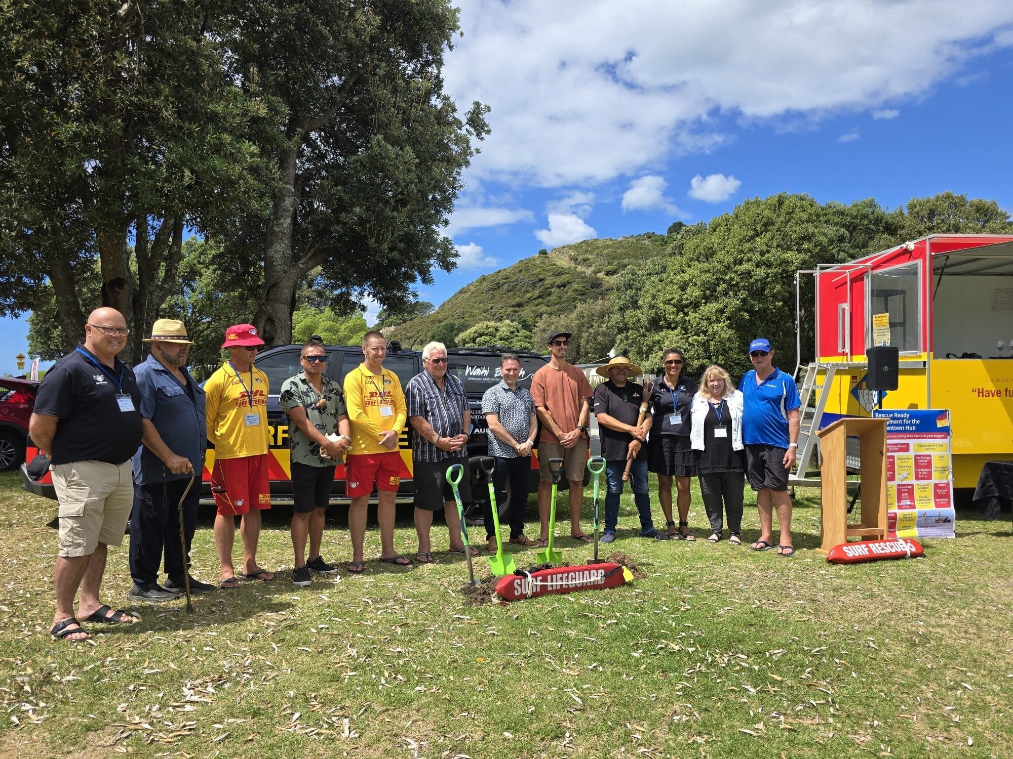  A lineup of stakeholders: 
L-R Avan Polo, Regional Manager SLSNZ Eastern Region, Roger Tuanau, Christiaan Maarhuis Senior Lifeguard & Board member, Garston Smith Otawhiwhi Marae Environmental Coordinator, Andrew Cochrane, John Mutlow, James Denyer Mayor WBoPDC, Mike Crosby Bowentown Beach Holiday Park, Reon Tuanau, Hiria Kayes, SLSNZ Club Support  Lead – Coromandel, Donna Pfefferle Waihī Beach Lifeguard Services Club Chair, Kelvin Blackwell Project Manager.