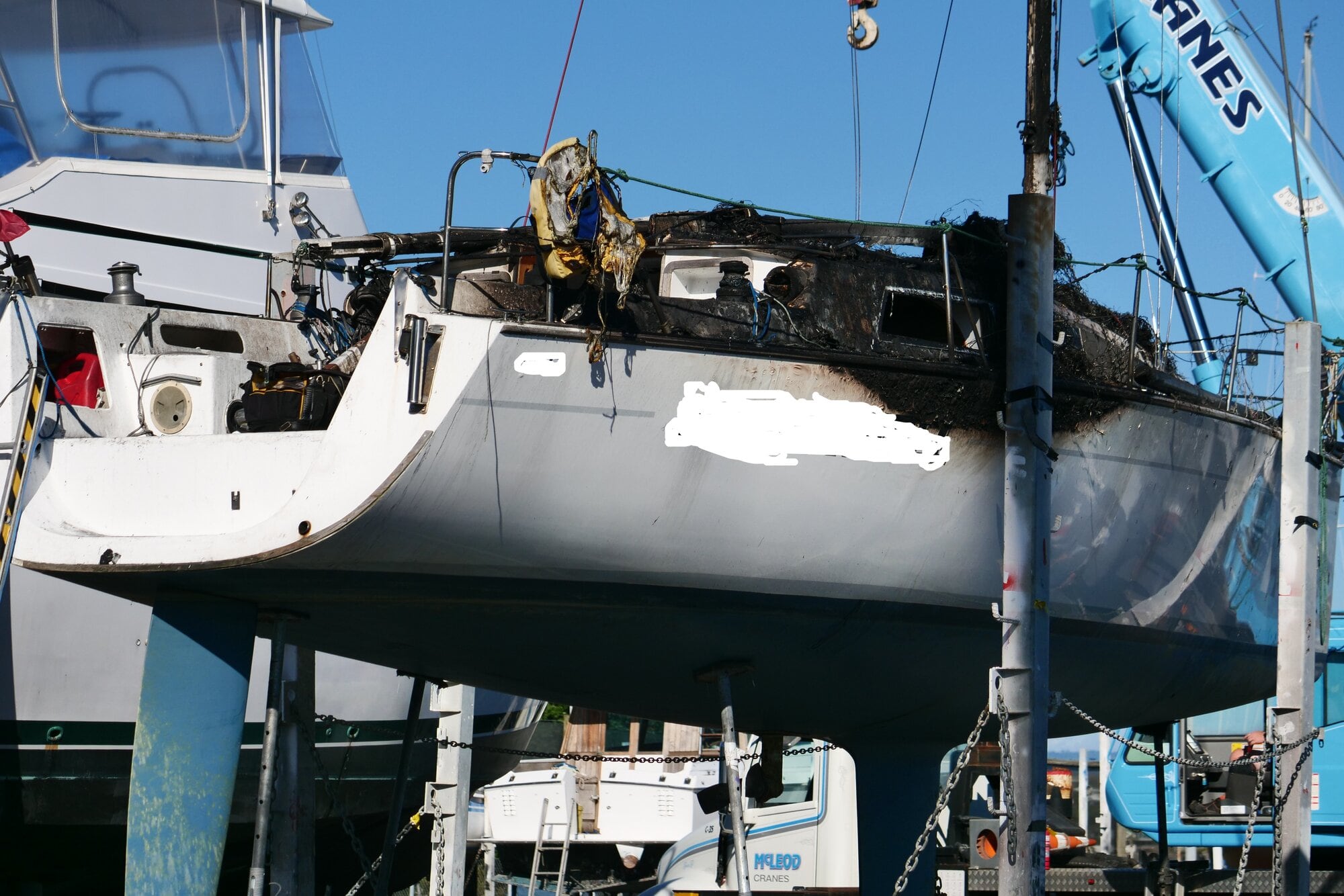  A yacht damaged by the Wednesday morning fire at the Tauranga Marina.