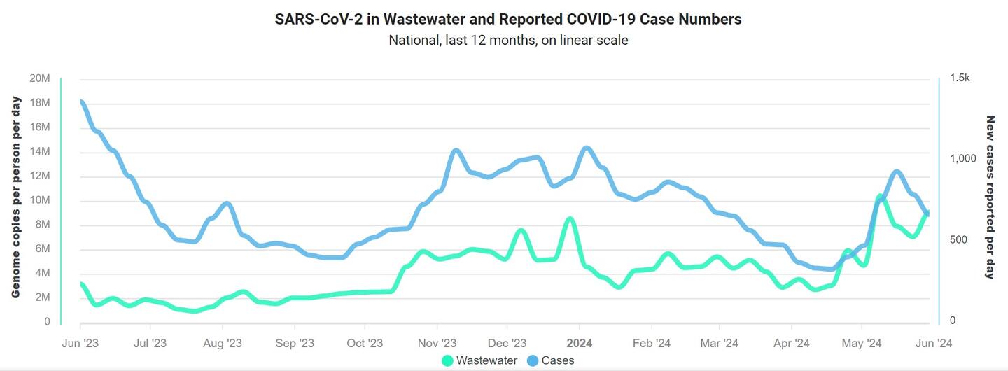 Wastewater sampling (marked in green) and case reporting (blue) shows national Covid-19 activity has been elevated since the beginning of May. Source / ESR