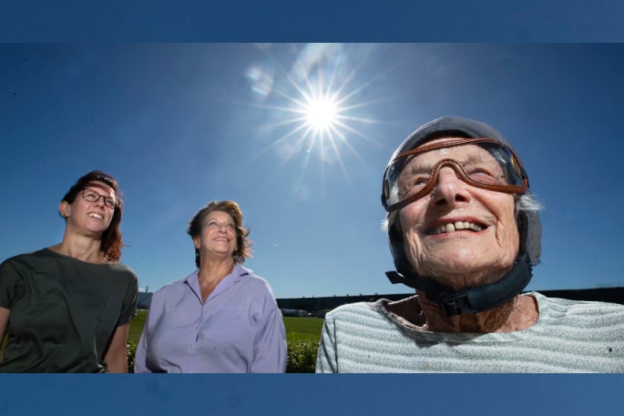 Charlotte and Jenny Everitt ready to watch their beloved Jean Crabtree, back in 2023 aged 94, who was about to skydive for charity. Photo / John Borren