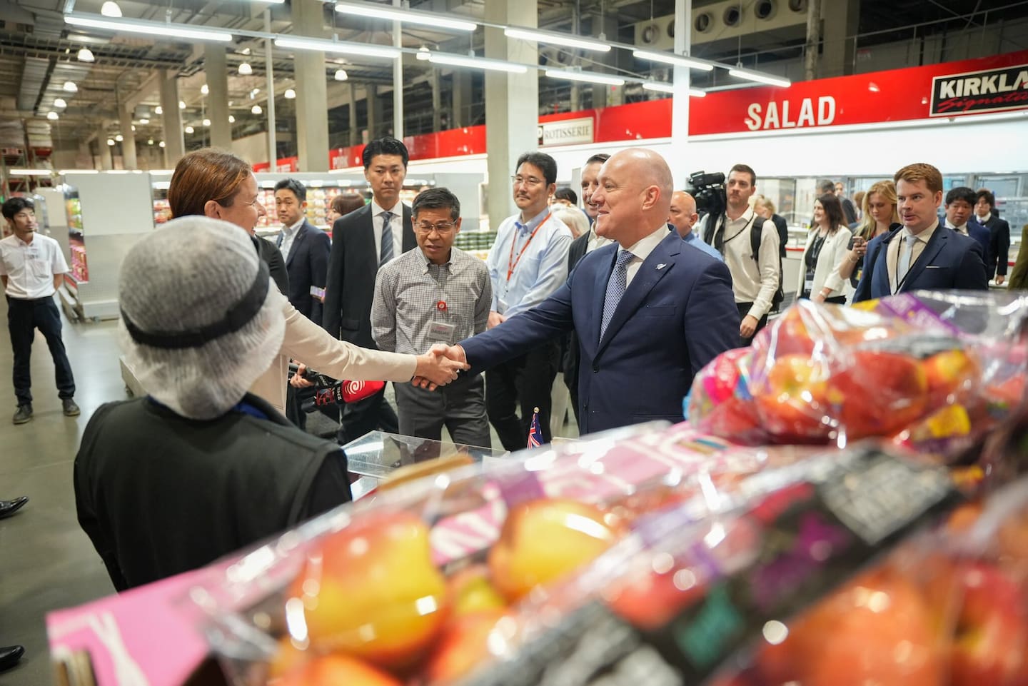Prime Minister Christopher Luxon meets with Japanese buyers and New Zealand producers at a Costco supermarket in Tokyo.