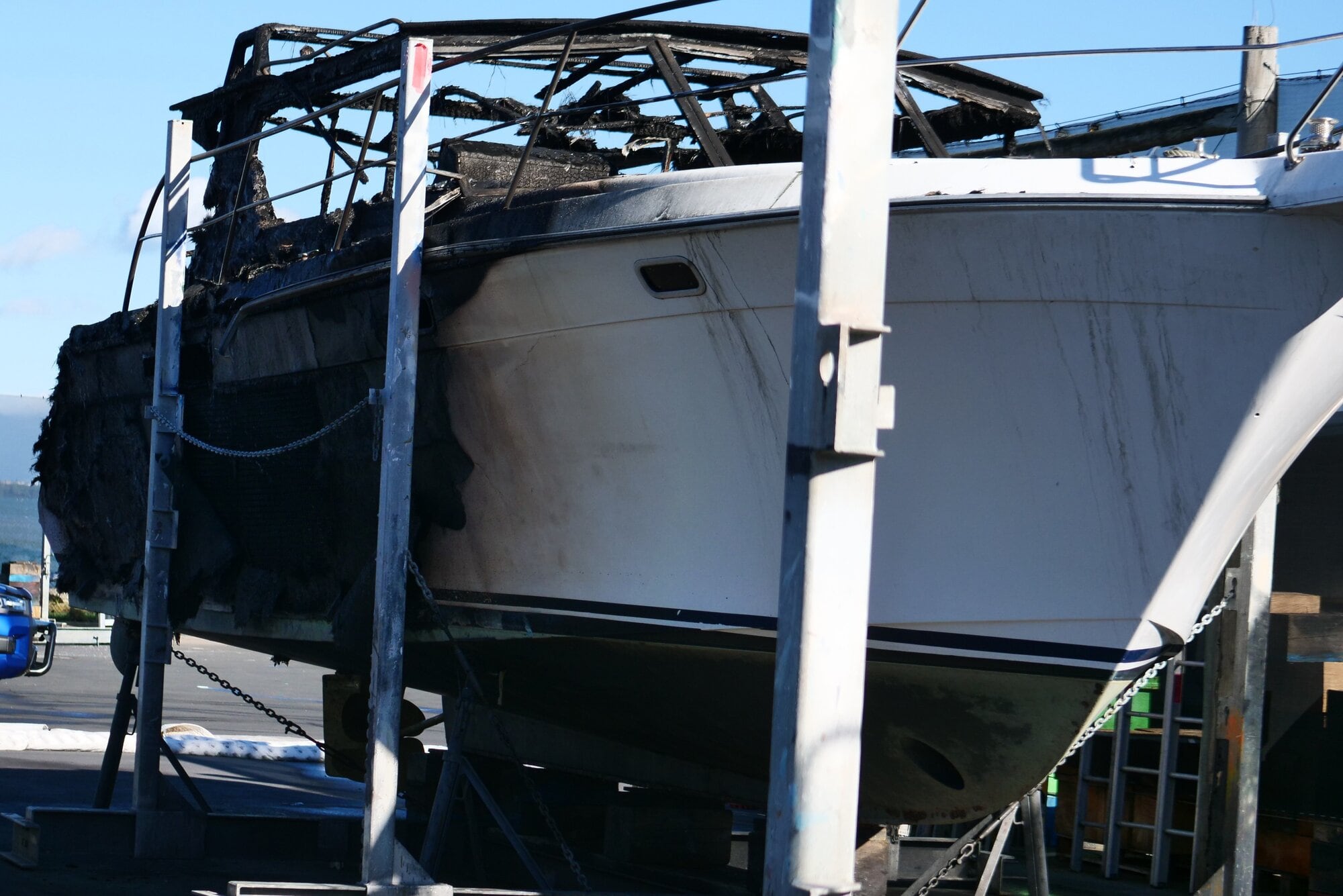  One of the launches damaged by the Wednesday morning fire at Tauranga Marina.