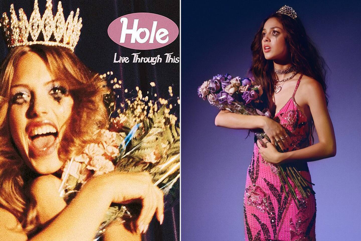 Courtney Love has blasted Olivia Rodrigo for copying the album art from the 1994 Hole album, Live Through This, in promotional imagery for her movie Sour Prom Concert Film. Photo/Geffen/Twitter