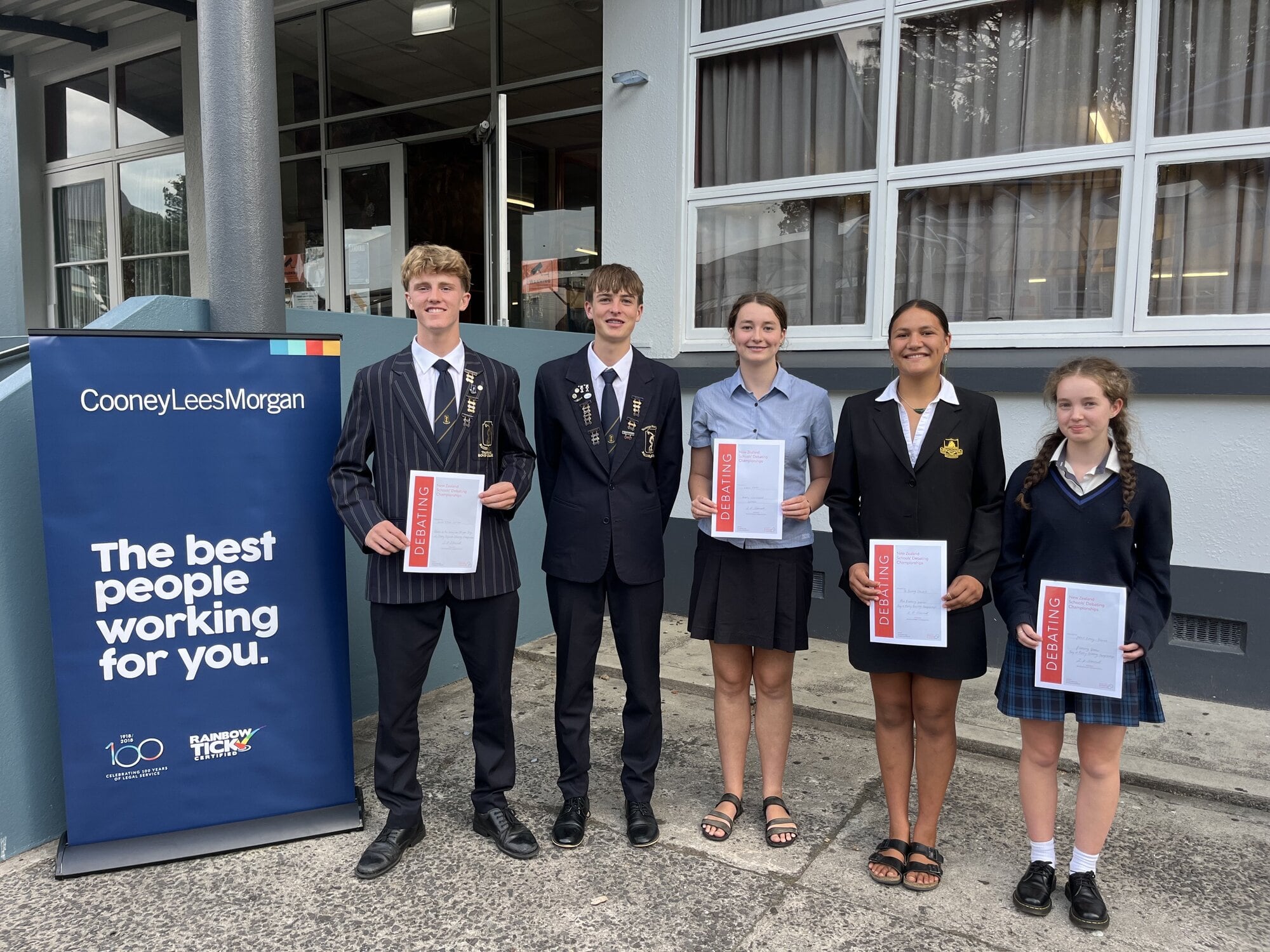 Cooney Lees Morgan Bay of Plenty Regional Team: Jacob O'Toole Corrigan, left, Ollie Larsen, Layla Clarke (reserve), Te Aorangi Stewart (reserve), and Pearl Vahey-Bourne. Photo / Supplied