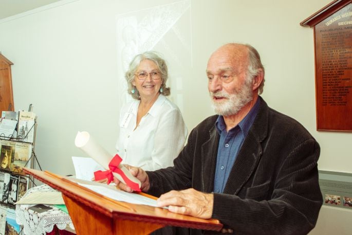 Tauranga Historical Society president Julie Green with Bob Tulloch at the awards ceremony on December 1. Photo / Chris Parker