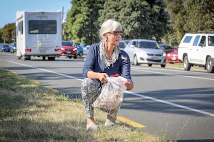 Su Hodkinson has been picking up litter along Maunganui Rd for years. Photo / Andrew Warner